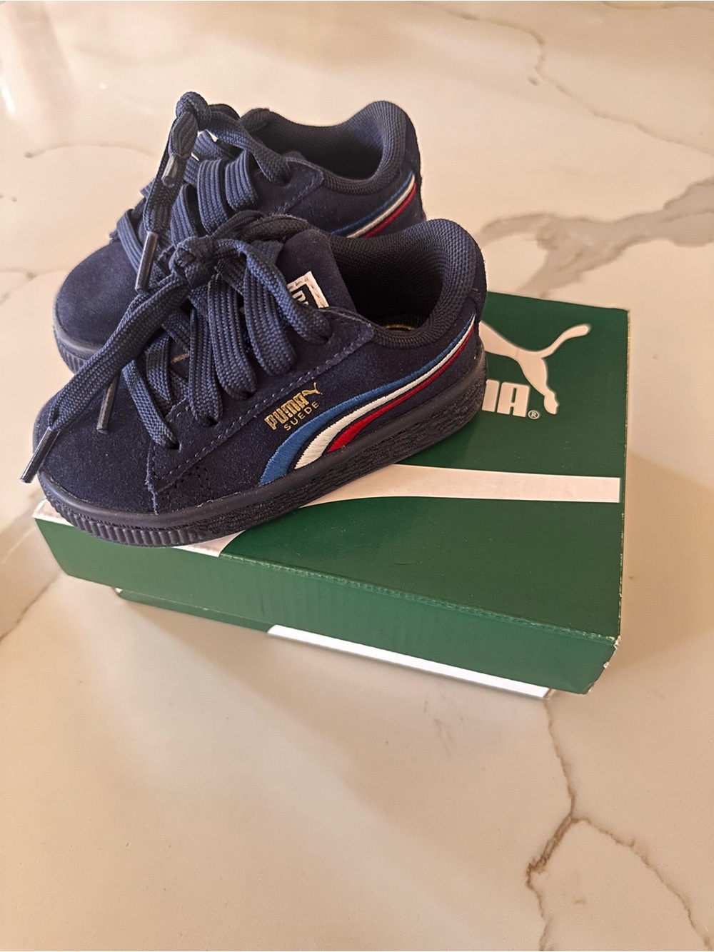 Puma Kids Navy Suede Sneakers with Red & White Accent